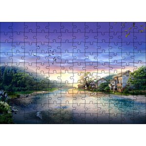 Manzara Resmi Nehir Ev Orman Puzzle Yapboz Mdf Ahşap 120 Parça