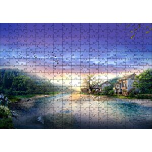 Manzara Resmi Nehir Ev Orman Puzzle Yapboz Mdf Ahşap 255 Parça