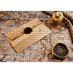 Eski Harita Mühürlü Mektup Mum Ve Pusula Puzzle Yapboz Mdf Ahşap 1000 Parça