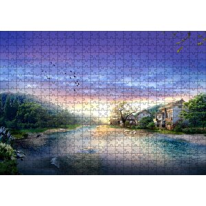 Manzara Resmi Nehir Ev Orman Puzzle Yapboz Mdf Ahşap 500 Parça