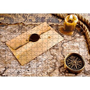 Eski Harita Mühürlü Mektup Mum Ve Pusula Puzzle Yapboz Mdf Ahşap 255 Parça