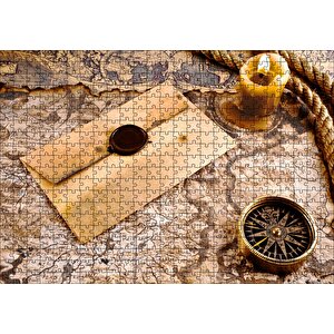 Cakapuzzle Eski Harita Mühürlü Mektup Mum Ve Pusula Puzzle Yapboz Mdf Ahşap
