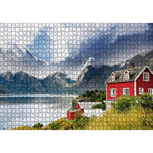 Norveç Dağ Göl Evi Puzzle Yapboz Mdf Ahşap 1000 Parça