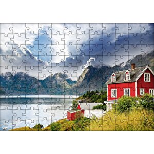 Norveç Dağ Göl Evi Puzzle Yapboz Mdf Ahşap 120 Parça
