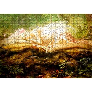 Orman Zemininde Yatan Sarı Saçlı Melek Puzzle Yapboz Mdf Ahşap 500 Parça