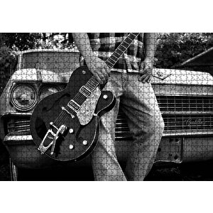 Beyaz Cadillac Ve Elektrogitarlı Genç Puzzle Yapboz Mdf Ahşap 1000 Parça