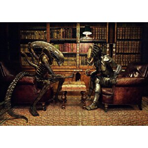 Satranç Oynayan Alien Ve Avcı Puzzle Yapboz Mdf Ahşap 500 Parça