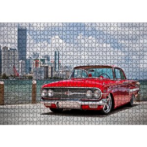 Kırmızı Chevrolet Impala Ve Gökdelenler Puzzle Yapboz Mdf Ahşap 1000 Parça