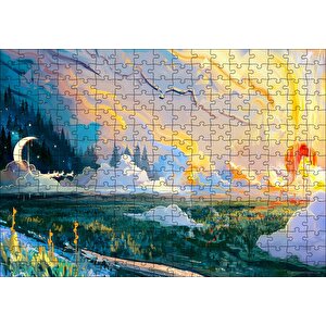 Yağlı Boya Resmi Manzara Ve Ay Görseli Puzzle Yapboz Mdf Ahşap 255 Parça