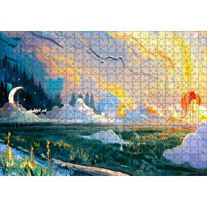 Yağlı Boya Resmi Manzara Ve Ay Görseli Puzzle Yapboz Mdf Ahşap 500 Parça