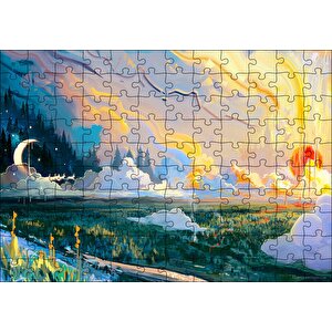 Yağlı Boya Resmi Manzara Ve Ay Görseli Puzzle Yapboz Mdf Ahşap 120 Parça