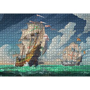 Haçlı Gemileri Dalgalı Deniz Ve Bulutlu Gökler Puzzle Yapboz Mdf Ahşap 1000 Parça