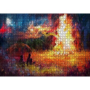 Gece Ormanda Kamp Ateşi Ve Yüksek Alevler Puzzle Yapboz Mdf Ahşap 1000 Parça