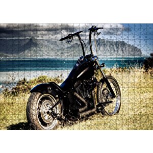 Siyah Chopper Motorsiklet Deniz Ve Dağlar Puzzle Yapboz Mdf Ahşap 500 Parça