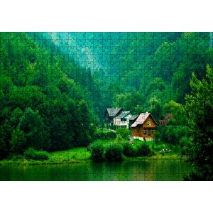 Dağ Orman Göl Ahşap Evler Görseli Puzzle Yapboz Mdf Ahşap 500 Parça