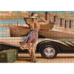 Titanik, Eski Araba Ve Yeşil Bavuluyla Genç Kadın Puzzle Yapboz Mdf Ahşap 500 Parça