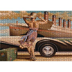 Titanik, Eski Araba Ve Yeşil Bavuluyla Genç Kadın Puzzle Yapboz Mdf Ahşap 1000 Parça