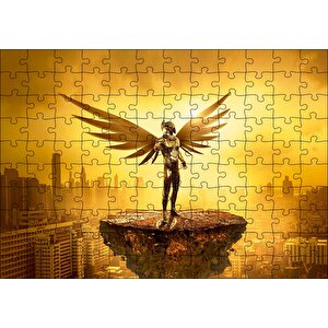 Kanatlı Şövalye Gökdelenler Ve Altın Rengi Gökyüzü Puzzle Yapboz Mdf Ahşap 120 Parça