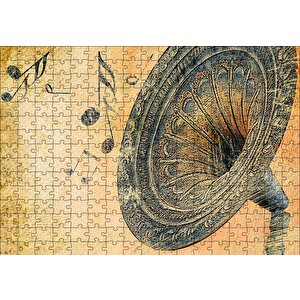 Gramofon Ve Notalar Sarı Eskitme Arka Plan Puzzle Yapboz Mdf Ahşap 255 Parça