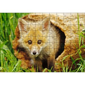Ormanda Kütüğün İçinden Çıkan Meraklı Yavru Tilki Puzzle Yapboz Mdf Ahşap 120 Parça
