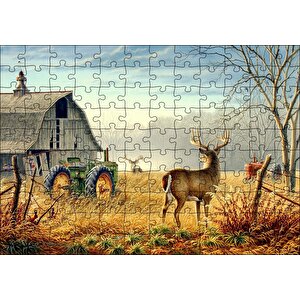 Köy Evi Traktör Ve Geyikler Puzzle Yapboz Mdf Ahşap 120 Parça