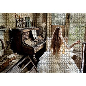 Terkedilmiş Ev Piyano Ve Beyaz Elbiseli Kız Puzzle Yapboz Mdf Ahşap 1000 Parça