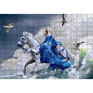 Beyaz Atlı Mavi Elbiseli Kız Deniz Ve Martılar Puzzle Yapboz Mdf Ahşap 255 Parça