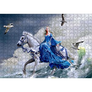 Beyaz Atlı Mavi Elbiseli Kız Deniz Ve Martılar Puzzle Yapboz Mdf Ahşap 500 Parça