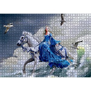 Beyaz Atlı Mavi Elbiseli Kız Deniz Ve Martılar Puzzle Yapboz Mdf Ahşap 1000 Parça
