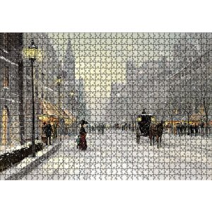 Karlı Caddede İnsanlar Ve Arabalar Puzzle Yapboz Mdf Ahşap 1000 Parça