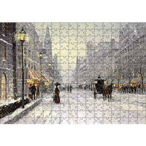 Karlı Caddede İnsanlar Ve Arabalar Puzzle Yapboz Mdf Ahşap 255 Parça