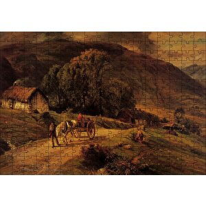Kulübe Ağaçlar Dağlar Ve At Arabası Puzzle Yapboz Mdf Ahşap 255 Parça