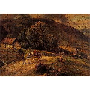 Kulübe Ağaçlar Dağlar Ve At Arabası Puzzle Yapboz Mdf Ahşap 120 Parça
