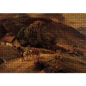 Kulübe Ağaçlar Dağlar Ve At Arabası Puzzle Yapboz Mdf Ahşap 1000 Parça