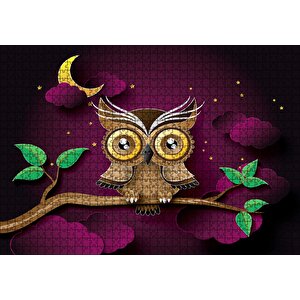 Daldaki Kahverengi Sarı Baykuş Mor Arka Plan Puzzle Yapboz Mdf Ahşap 1000 Parça