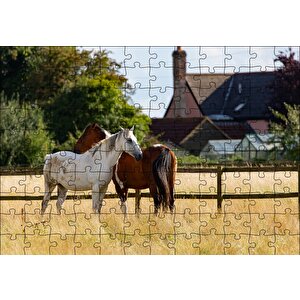 Kahverengi Ve Beyaz Atlar Puzzle Yapboz Mdf Ahşap 120 Parça