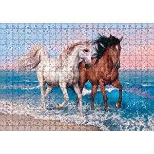 Pilajda Koşan Beyaz Kahve Rengi Atlar Puzzle Yapboz Mdf Ahşap 500 Parça