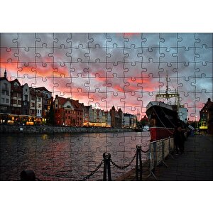 Günbatımında Kanal Binalar Ve Gemi Puzzle Yapboz Mdf Ahşap 120 Parça