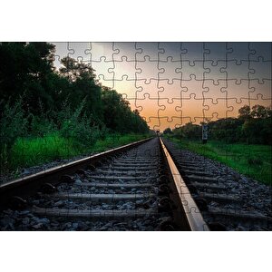Günbatımında Tren Rayları Ve Turuncu Gökler Puzzle Yapboz Mdf Ahşap 120 Parça