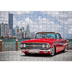 Kırmızı Chevrolet Impala Ve Gökdelenler Puzzle Yapboz Mdf Ahşap 255 Parça