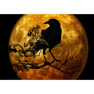 Dolunay Ve Dalda Karga Silüeti Puzzle Yapboz Mdf Ahşap 500 Parça