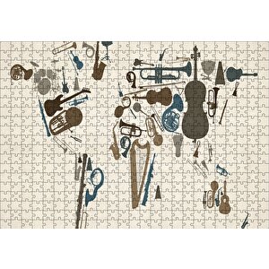 Enstrümanlardan Oluşan Dünya Haritası Puzzle Yapboz Mdf Ahşap 500 Parça