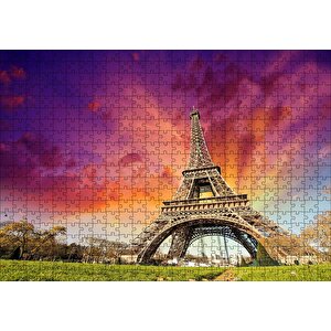Eyfel Kulesi Gün Batımı Turuncu Kırmızı Puzzle Yapboz Mdf Ahşap 500 Parça