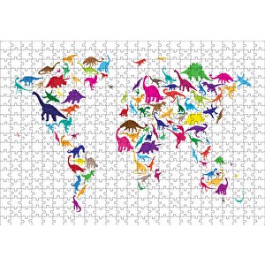 Dinozorlardan Oluşan Dünya Haritası Puzzle Yapboz Mdf Ahşap 500 Parça