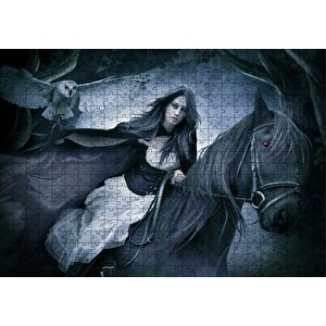 Siyah Atlı Gotik Kız Ve Baykuş Puzzle Yapboz Mdf Ahşap 500 Parça