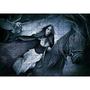 Siyah Atlı Gotik Kız Ve Baykuş Puzzle Yapboz Mdf Ahşap 255 Parça