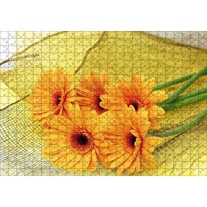 File Üzerinde Turuncu Papatya Demeti Görseli Puzzle Yapboz Mdf Ahşap 500 Parça