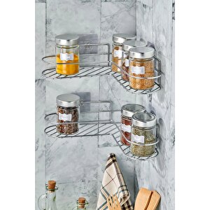 Mutfak Rafı 2'li Set Yapışkanlı Lüks Modern Krom Metal Baharatlık Rafı Organizer Düzenleyici - Krom