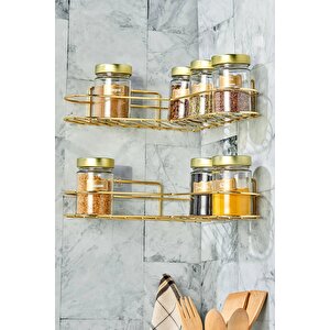 Mutfak Rafı 2'li Set Yapışkanlı Lüks Modern Gold Metal Baharatlık Rafı Organizer Düzenleyici - Gold