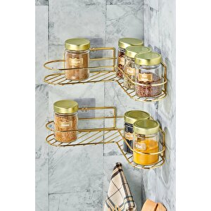 Mutfak Rafı 2'li Set Yapışkanlı Lüks Modern Gold Metal Baharatlık Rafı Organizer Düzenleyici - Gold